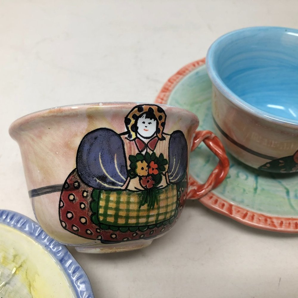 Horchow ceramic  cups and saucers made in Italy Lady with Flowers Easter eggs